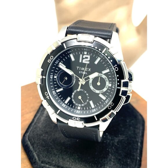 Timex Men's Watch TW2V79100 Quartz Silver Black Dial Leather Band 44.5mm - Picture 1 of 14